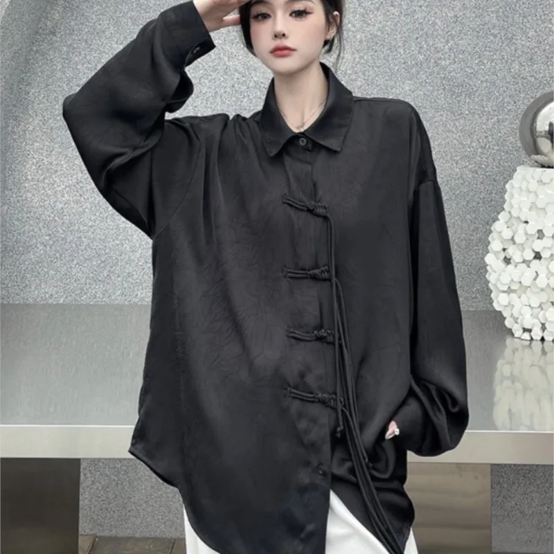 Women's Long-Sleeved Shirt Loose All-Match Dark Jacquard Chinese Knot Button Top Niche Design Vintage