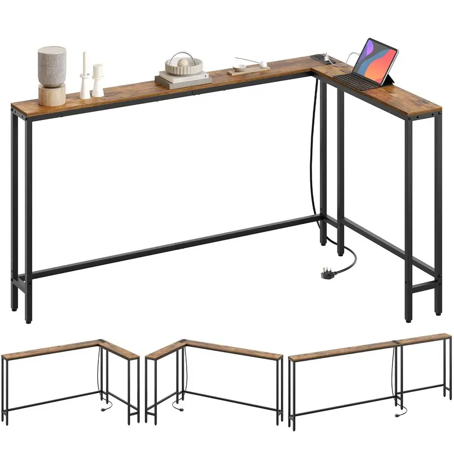 Console Table, 200 cm Narrow Sofa Table with Power Outlets, Behind Entryway Table, 3 Assembly Options, for Entryway, Rustic Bro