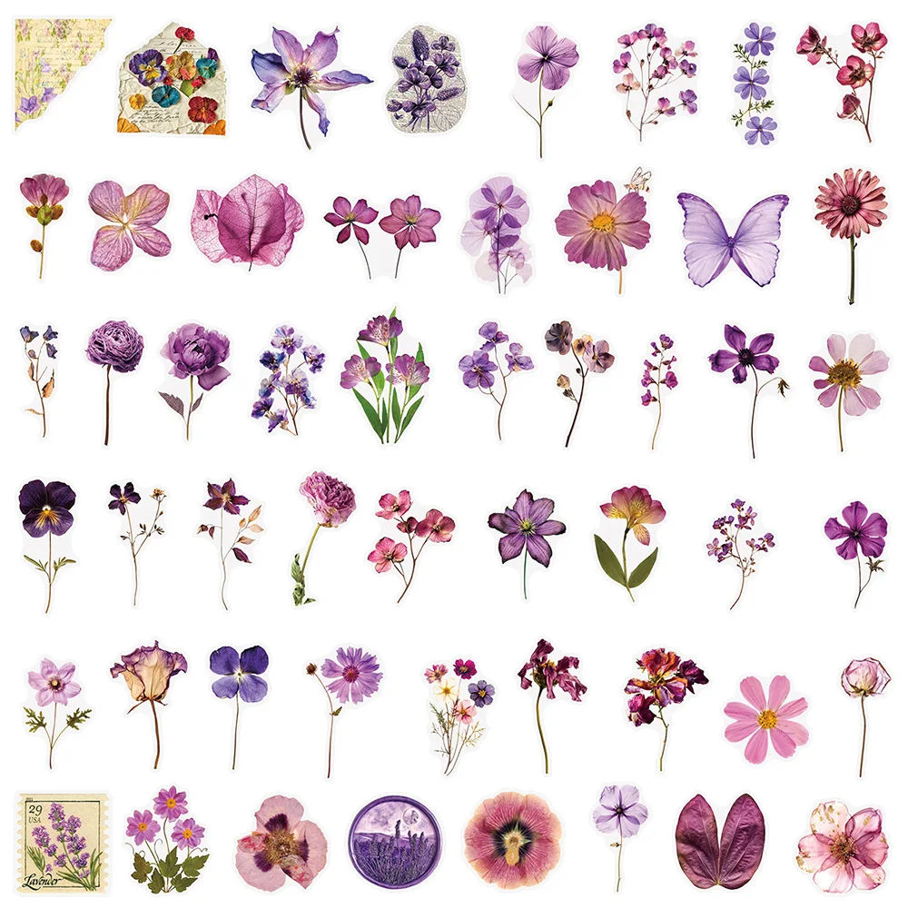 10/30/50pcs 빈티지 보라색 꽃 투명 스티커 PET 장식 데칼 DIY 수하물 오토바이 전화 귀여운 낙서 스티커