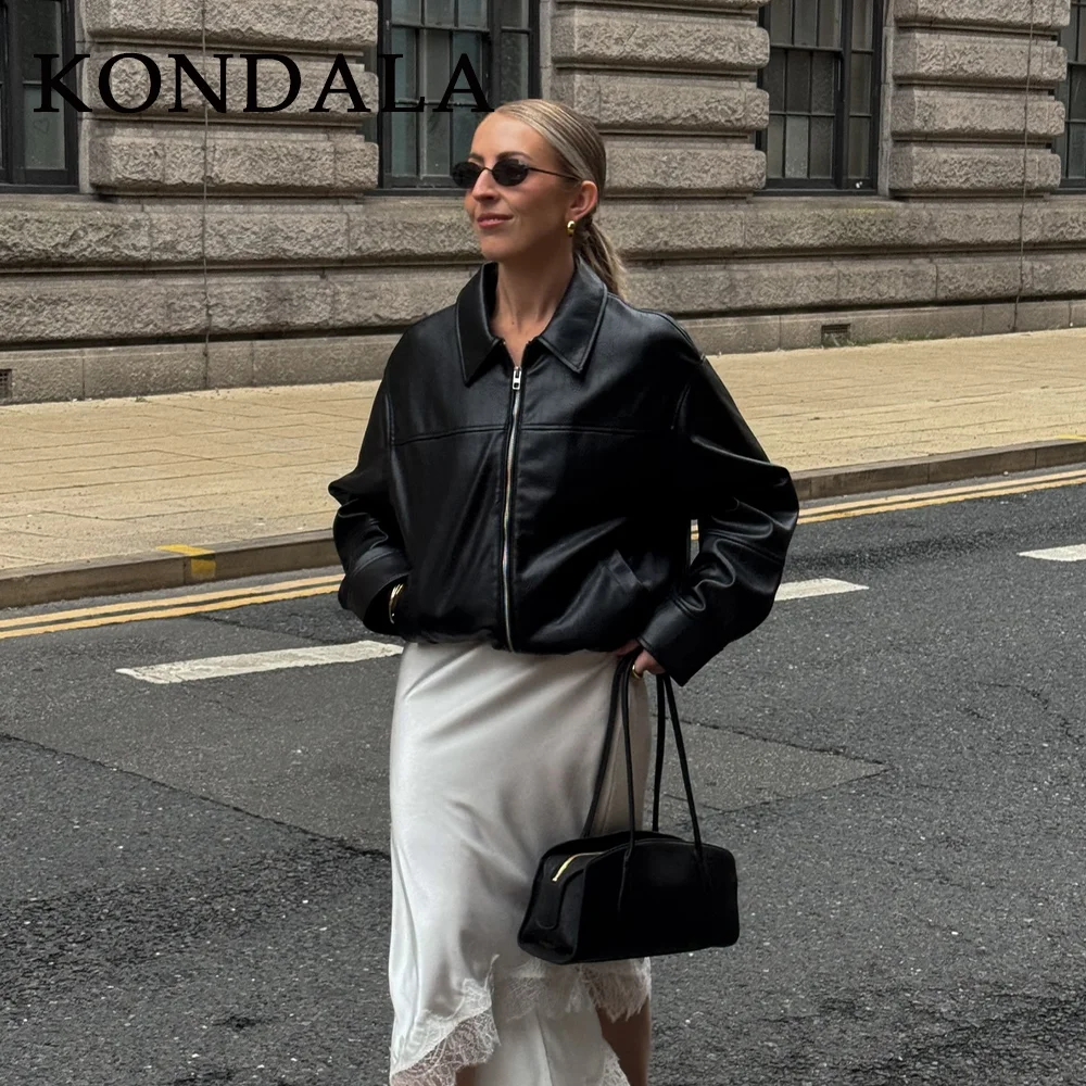 KONDALA 2025 خريف شتاء بني الأعمال عادية فو الجلود النساء السترات شيك خمر تقسم سستة عيد الميلاد السيدات السترات