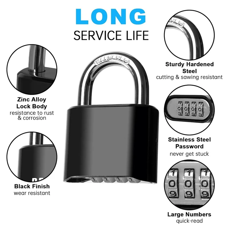 A99E-4-Digit Combination Lock Outdoor Padlock Waterproof Combo Lock For Gym Locker, Hasp Storage, Shed, Fence, Gate Black