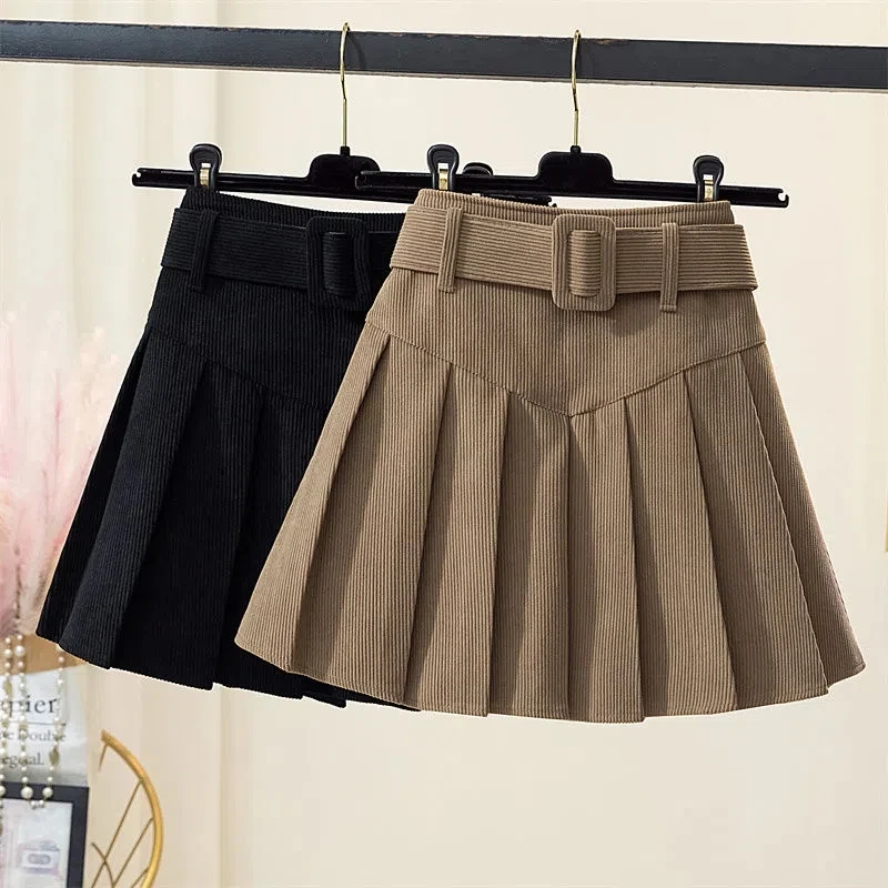 

Corduroy Pleated Mini Skirts for Women Autumn Winter Fashion Preppy Style High Waist Black Skirt with Waistbelt Student Clothing