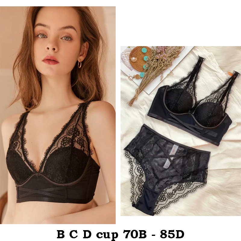 

high quality sexy women bras and brief set push up lace B C D cup comfortable wire summer lingerie underwear black white beige