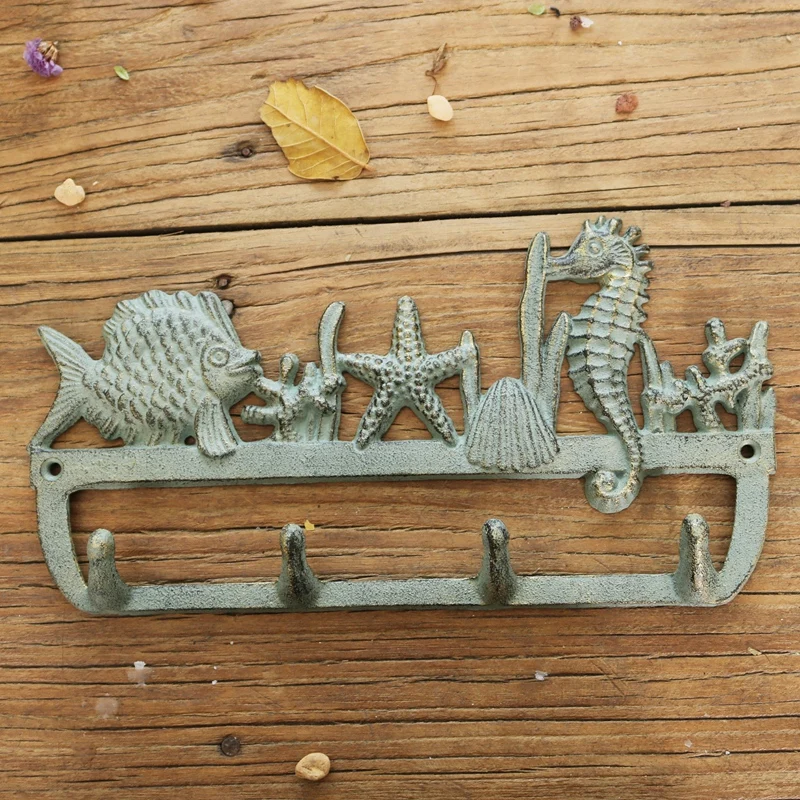 Antique Green Cast Iron Wall Mounted Hook With 4 Hangers Sea Fish Sea Star Sea Shell Sea Horse Sea Grass Theme Home Decoration