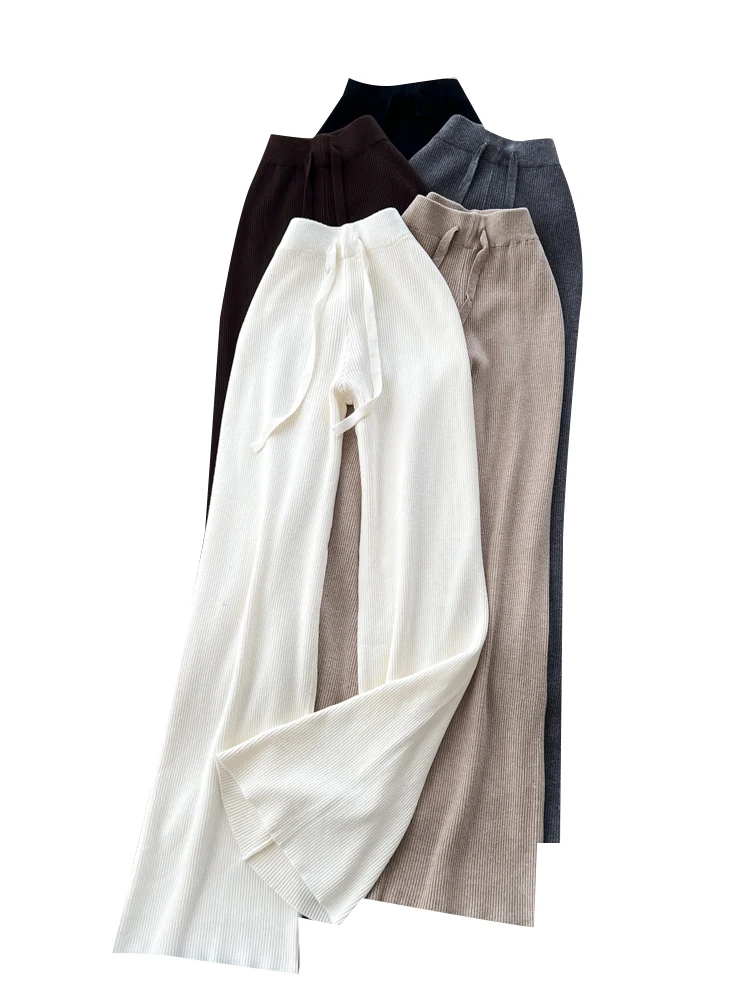 Cozy Knitted High Waist Wide Leg Casual Pants Women's Soft Plump Elastic Waist Floor-Length Trousers Autumn Winter Faion