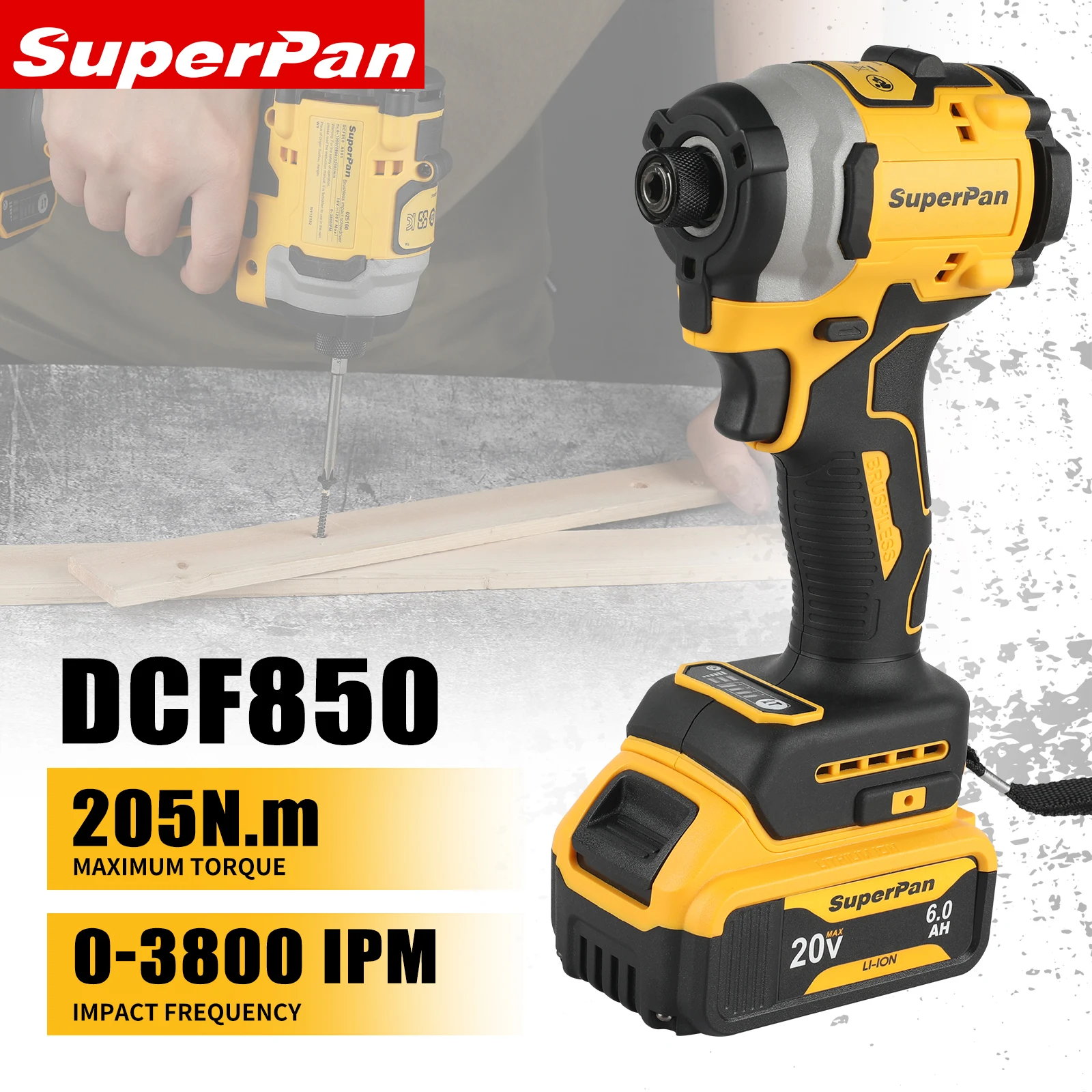 

Бесщеточная ударная дрель SuperPan DCF850 с быстрой ротацией 3250 об/мин, крутящим моментом 205 Н·м, для аккумулятора DeWalt 20В.