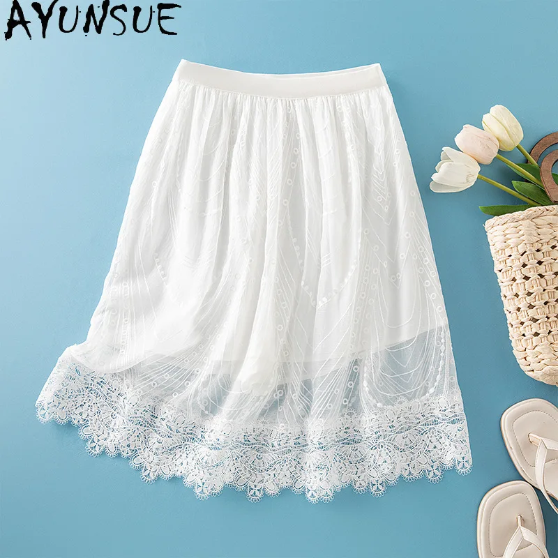 AYUNSUE 100% Silk Pantskirt Woman Solid Elastic Waist Women's Skirts Embroidered A-line Skirts Summer Clothes Woman 2026 Юбка