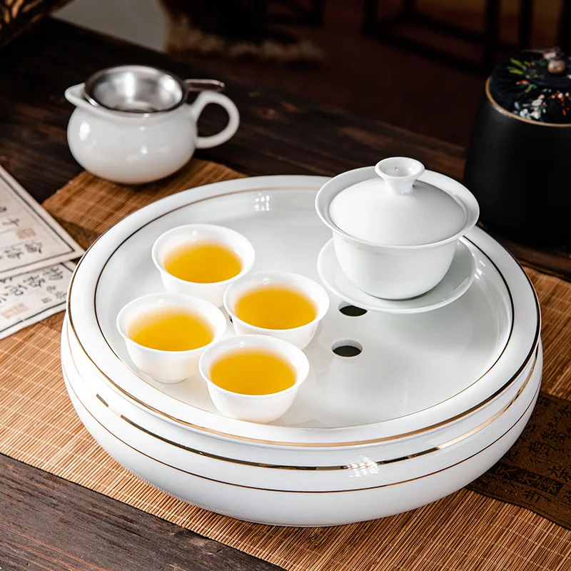 Round Small Tea Tray Office Ceremony Serving Marble Luxury Tableware Coffee Tea Tray Drainage Hospitality Bandejas Home Products