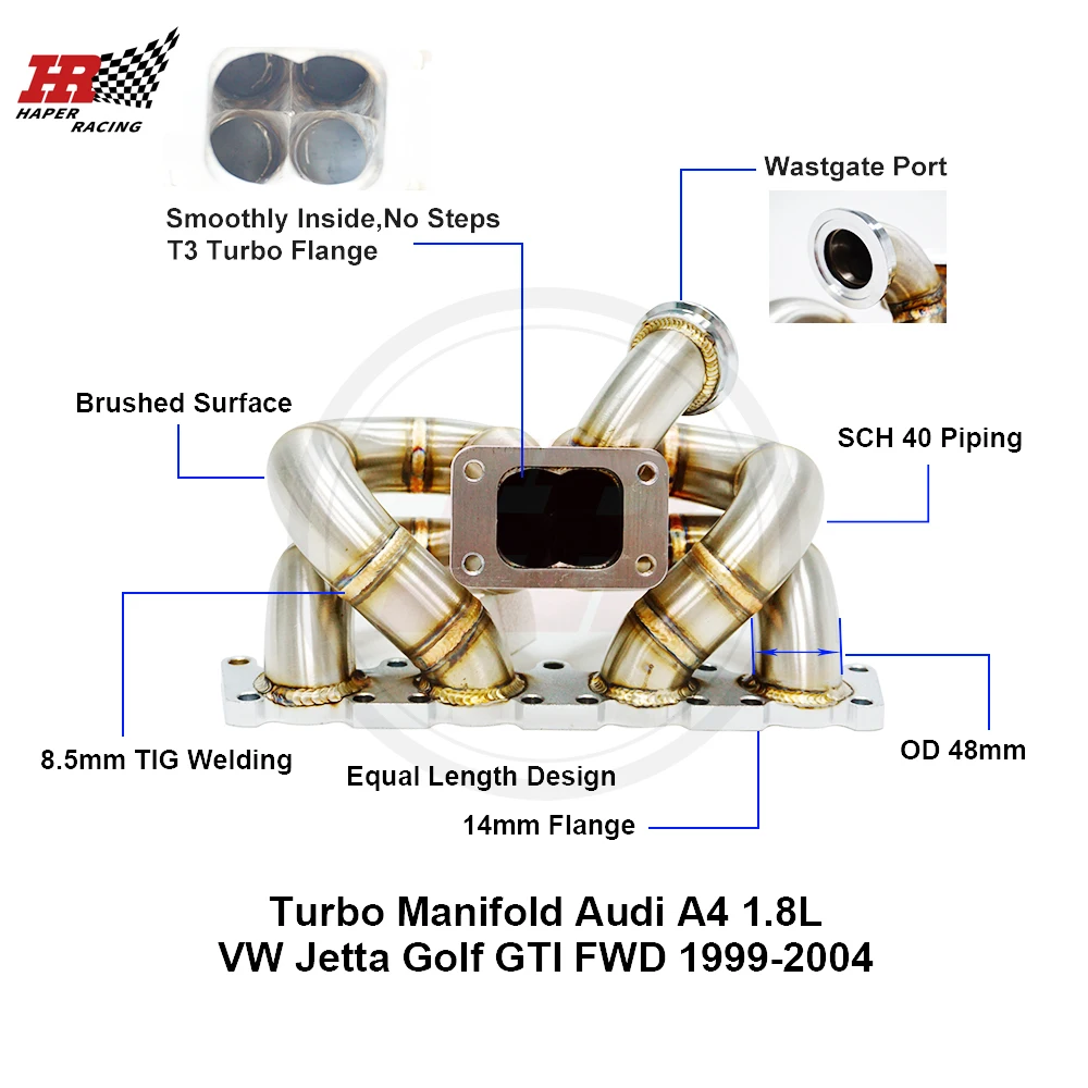 HAPER RACING Brushed 48mm OD SS304 3mm Steam Pipe T3 Turbo Manifold For AU A4 1.8L J etta Go lf  FWD 1999-2004