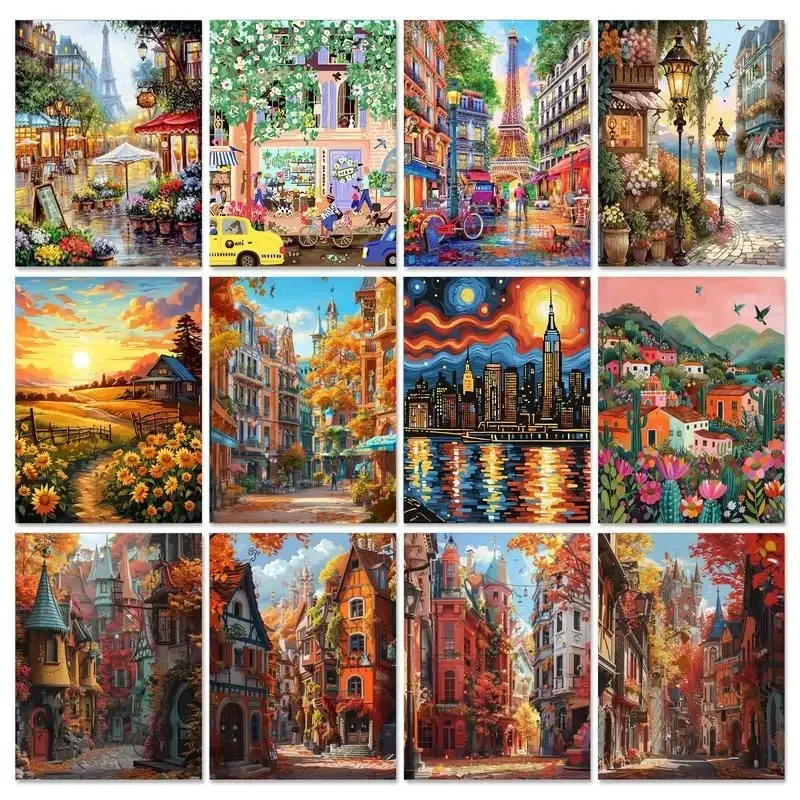 

606557 DIY Painting By Numbers Street Landscape HandPainted Wall Art Picture Framed On Canvas Numbers Painting Unique Gift