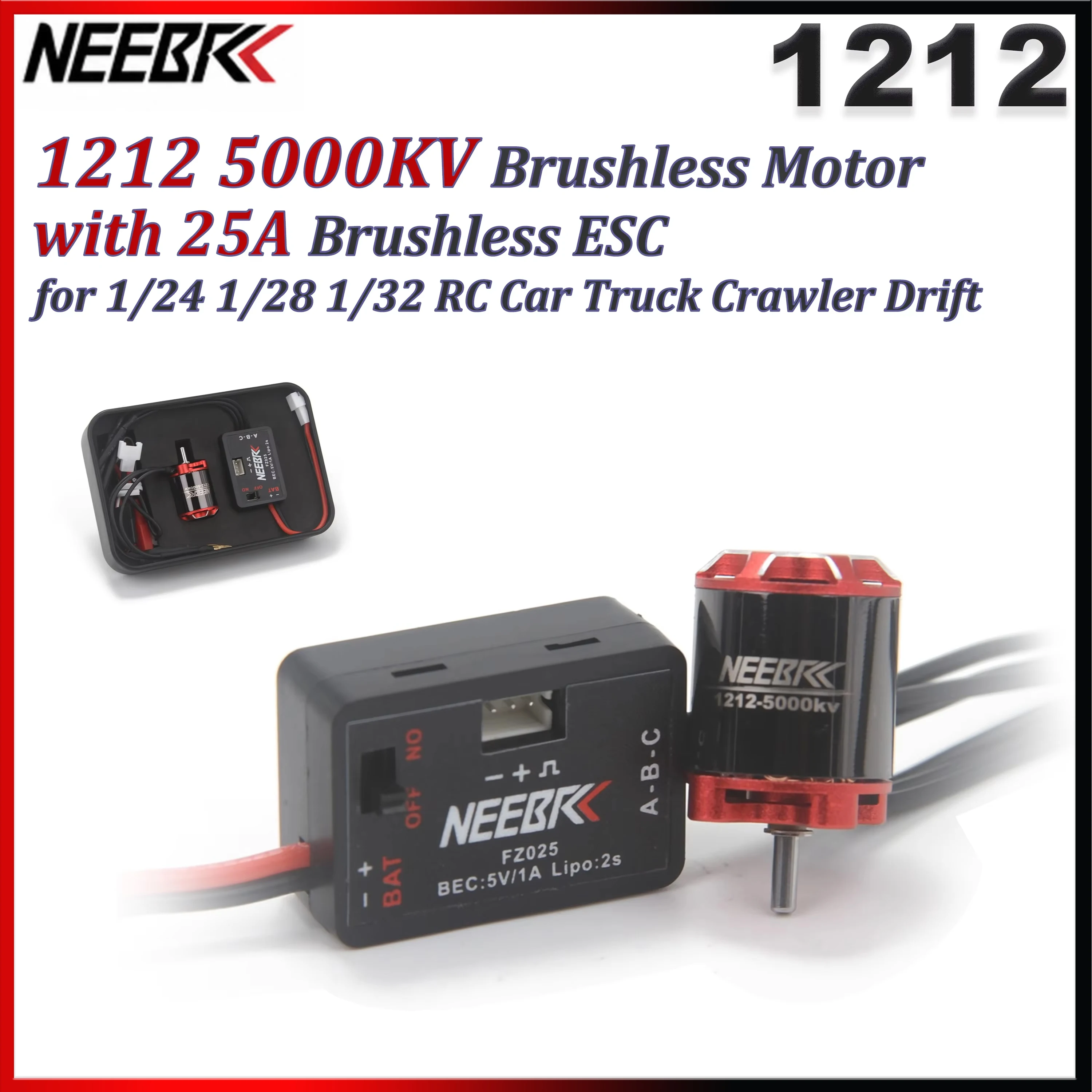 

NEEBRC 1212 5000KV Brushless Motor w/ 25A ESC Combo 5V/1A for 1/24 1/28 1/32 RC Car Truck Crawler Drift Model Toys Upgrade Parts