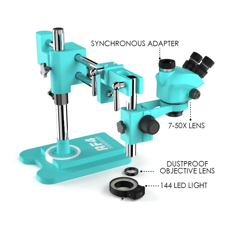 RF4 7X-50X 360° Rotation Dual Arm Bracket Boom Lndustrial Laboratory Maintenance Observation Triocular Stereo Zoom Microscope