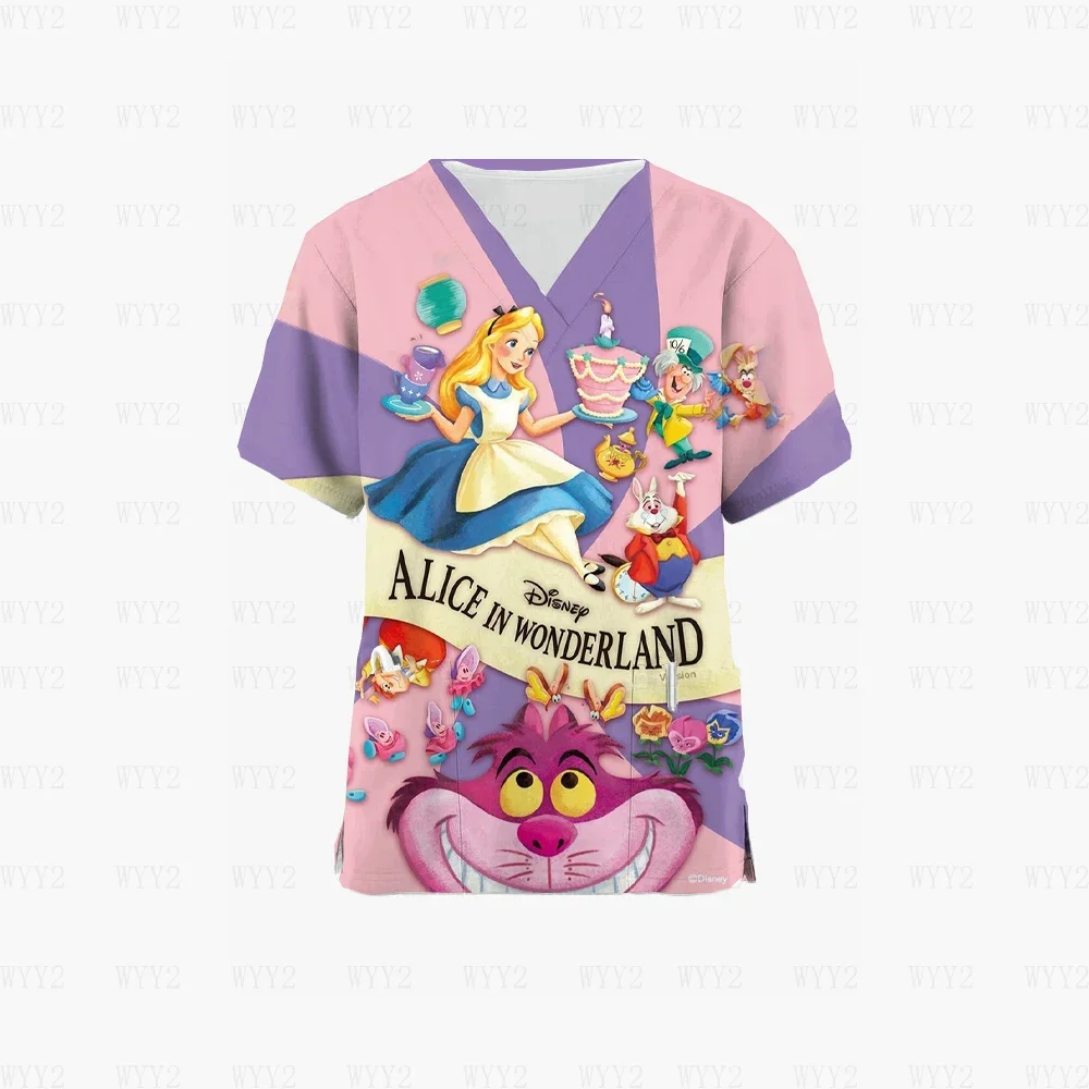 Women's Nursing Uniform Printed Disney Formal V Neck Scrub Pullover Alice in Wonderland Nursing Worker Nurse Job T-Shirt