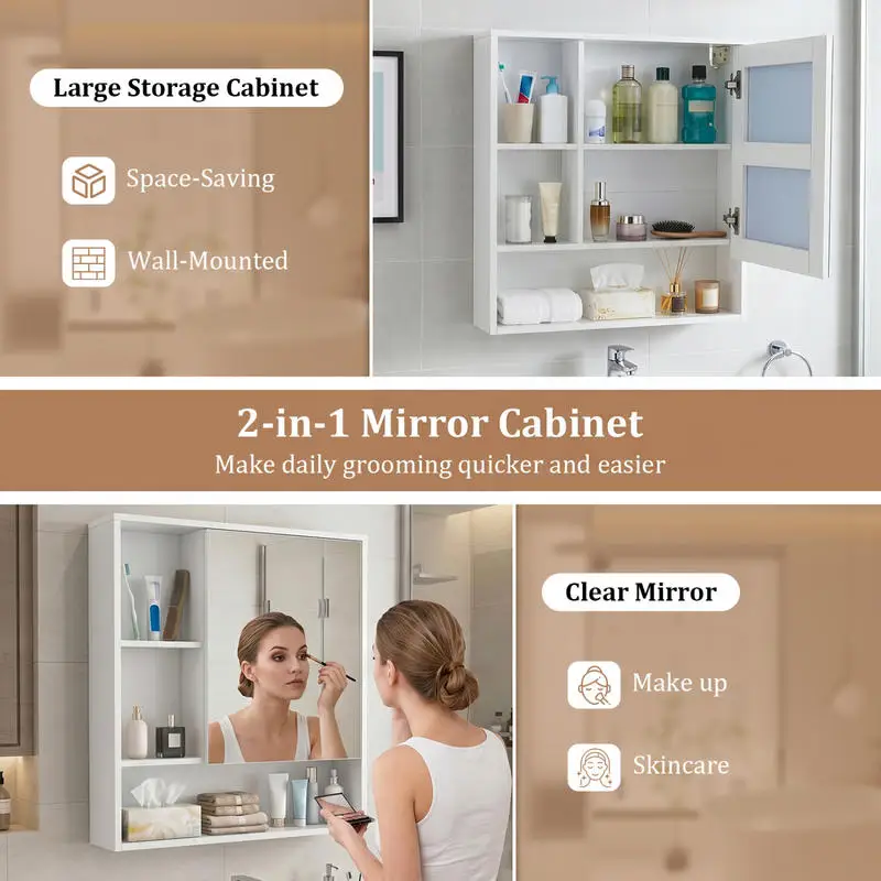Wall-Mounted Mirror Cabinet with 2 Hidden Shelves and 3 Open Compartments-White view 5