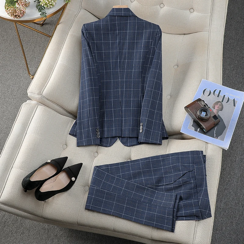 NAVIU Khaki Blu Plaid Abiti Donna Primavera 2025 Nuovo Prfessional High End Casual Blazer e Pantaloni Set Office Lady Abbigliamento da lavoro