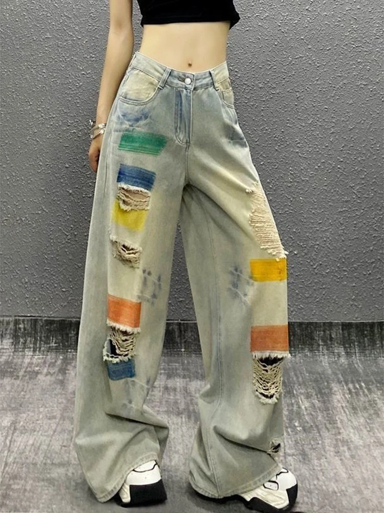

2025 Summer High Waisted Street Floor Mopping Straight Leg Pants Women New Fashion Graffiti Ripped Denim Wide Leg Pants