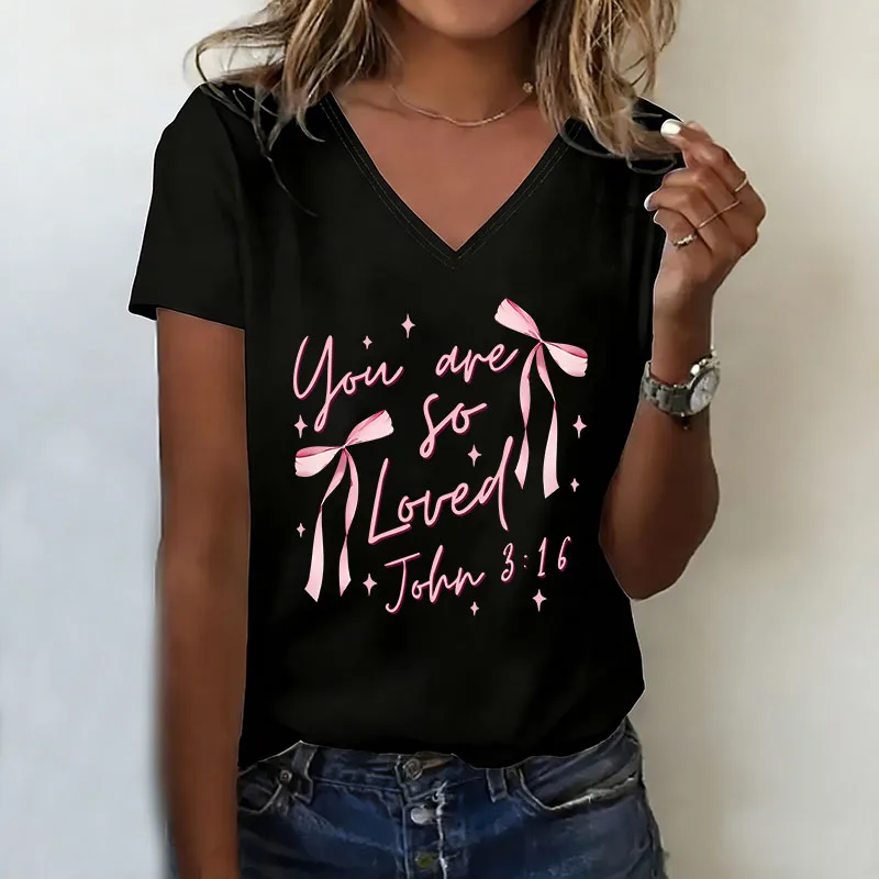 Buntes Love Bow T-Shirt mit V-Ausschnitt, lässige Mode, Y2k-T-Shirts für Damen, kurzärmeliges T-Shirt mit V-Ausschnitt, Sommer, Frühling
