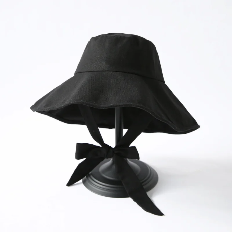 Summer Spring Japan Tie Bucket Hat Women Korean Big Brim Fisherman Hat Foldable  Sunscreen Chic Cotton Linen Beach Sun Hat