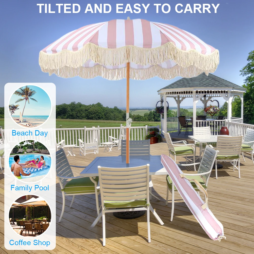 

Striped Beach Umbrella with Tilt Pole Portable Tassel Umbrella Sun Shelter for Balcony Terrace Swimming Pool Beach Garden