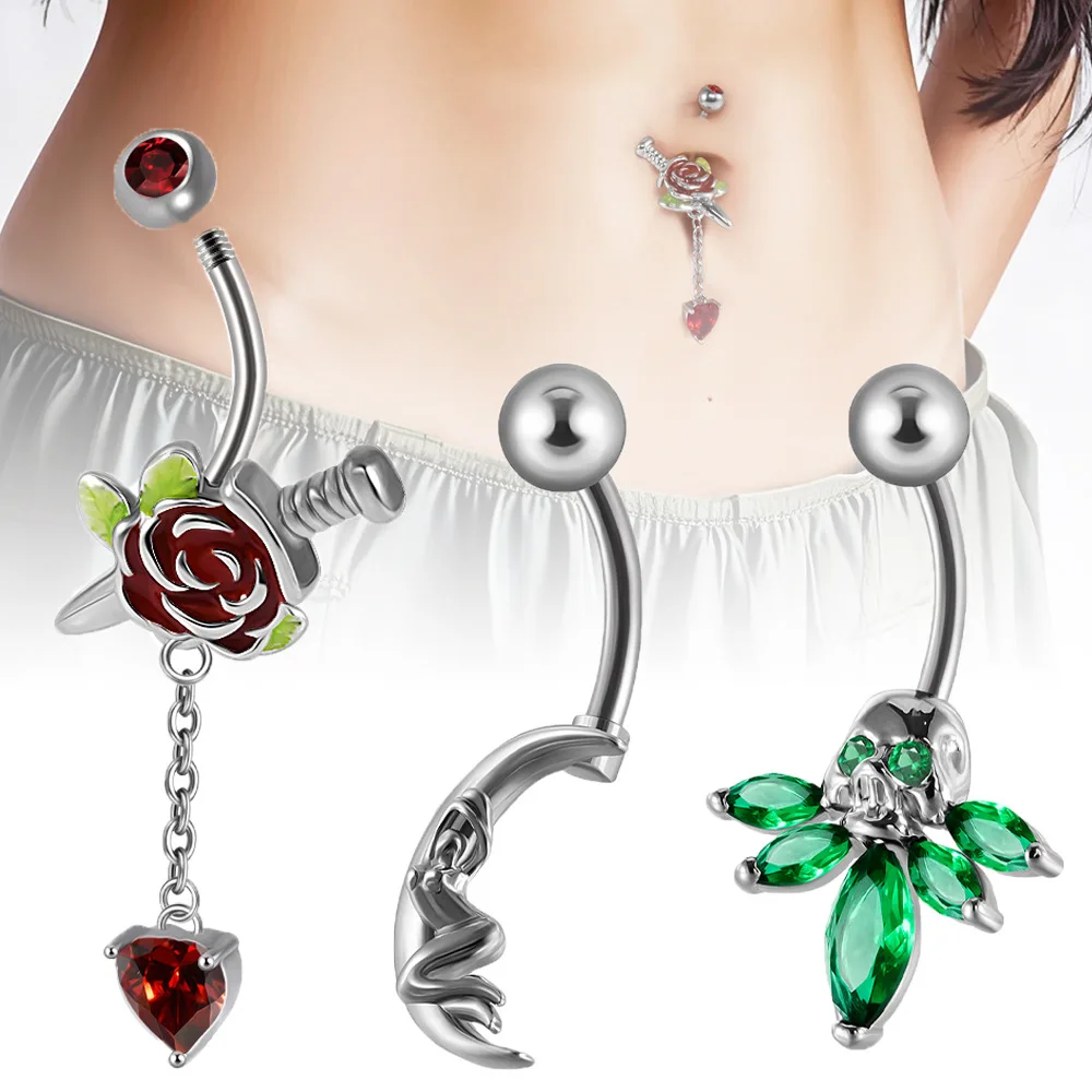 Fashion Red Rose Outer Teeth Belly Rings Stainless Steel Green Zirconium Horse Eye Ghost Head Navel Ring Piercing Jewelry