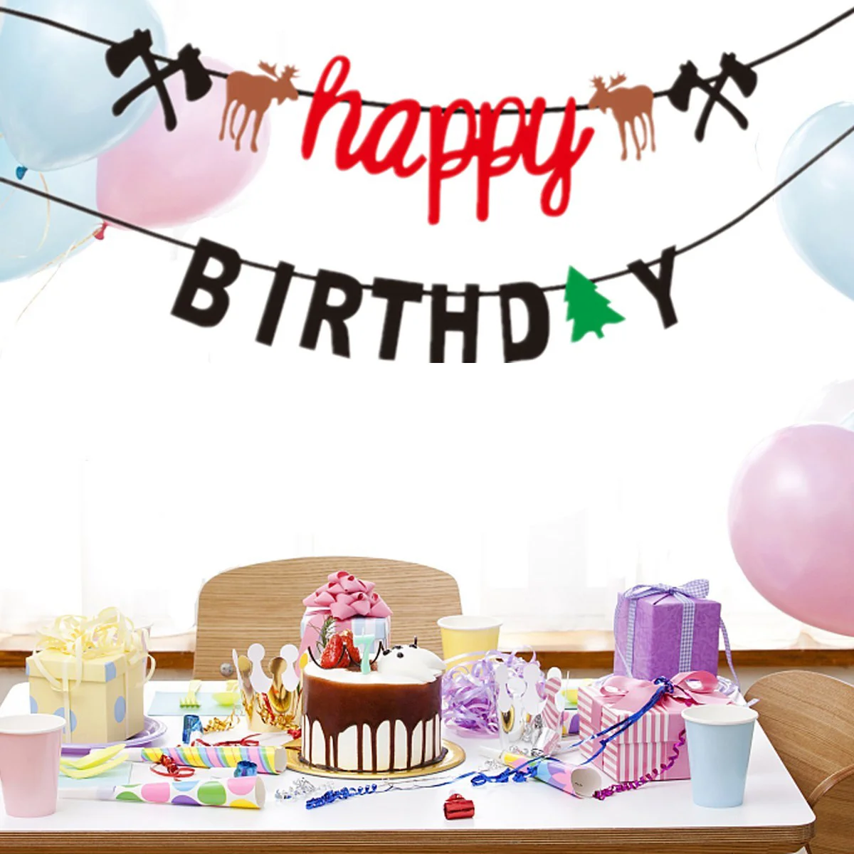 

Lumberjack Decor Happy Birthday Banner 10Ft Cartoon Animal Party Bunting Streamer Flag Hanging Ornament for Indoor Outdoor