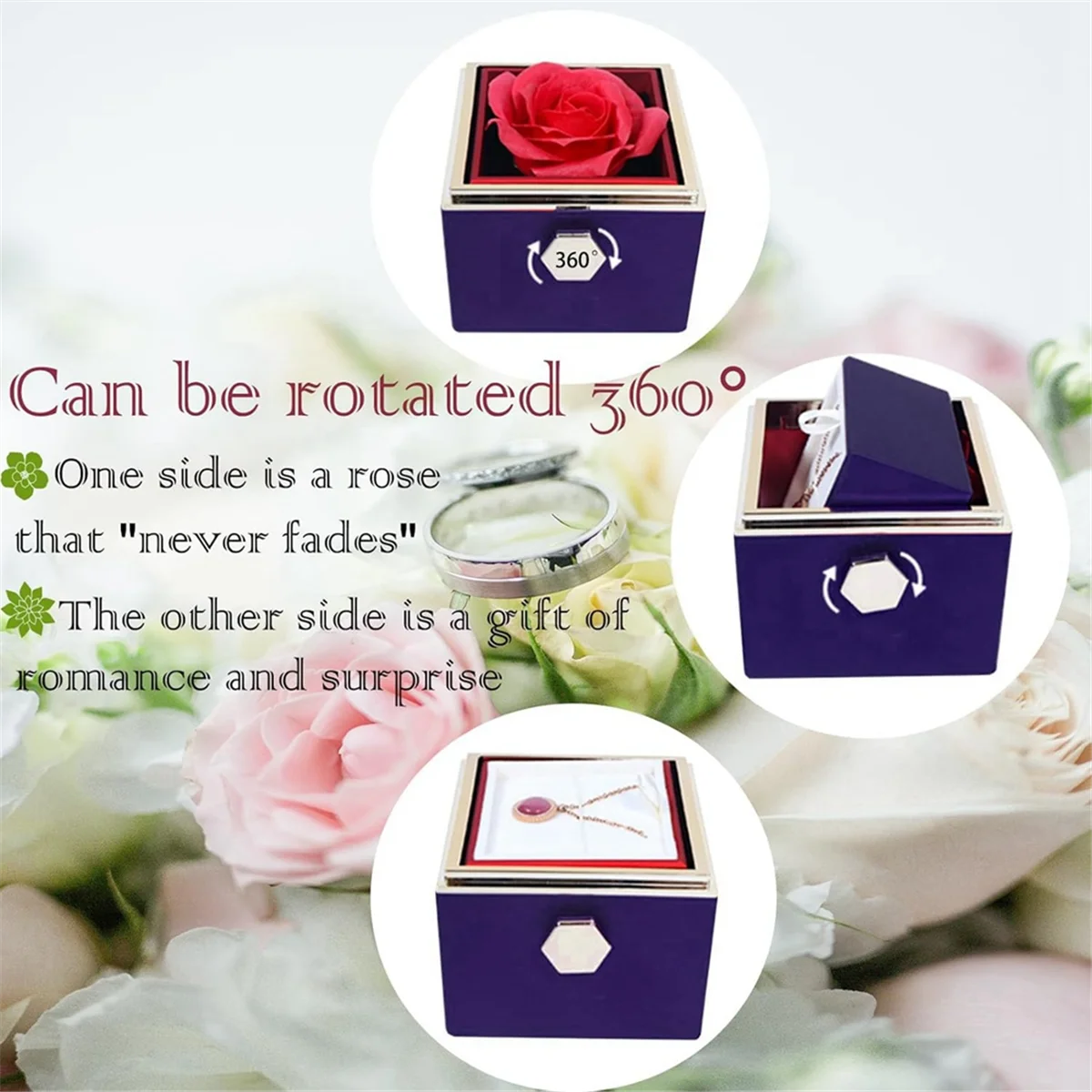 Rose Ring Box Rotates 360° Velvet Jewelry Box Eternal Rose Box Valentine's Day Mother's Day for Romantic Gifts,Dark Blue