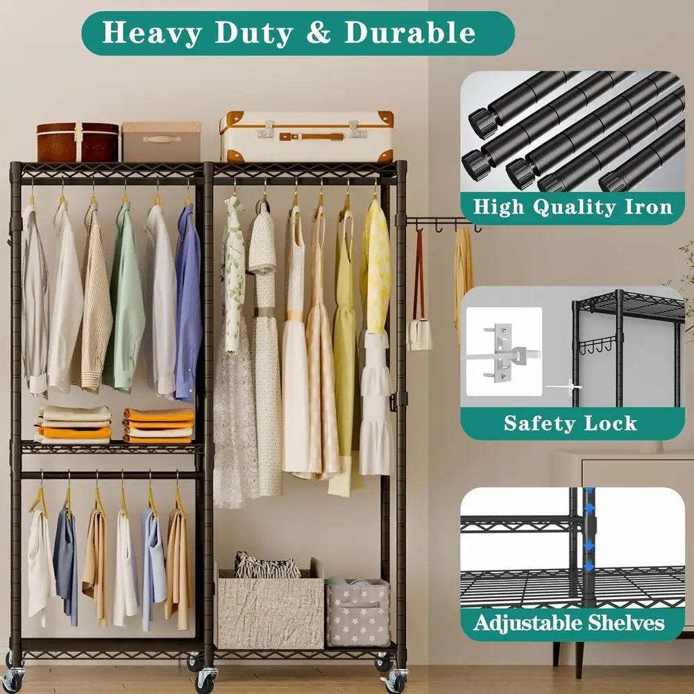 Sturdy 3-Tier Metal Adjustable Clothes Rack with 2 Hanging Bars, 800lbs Capacity, Black