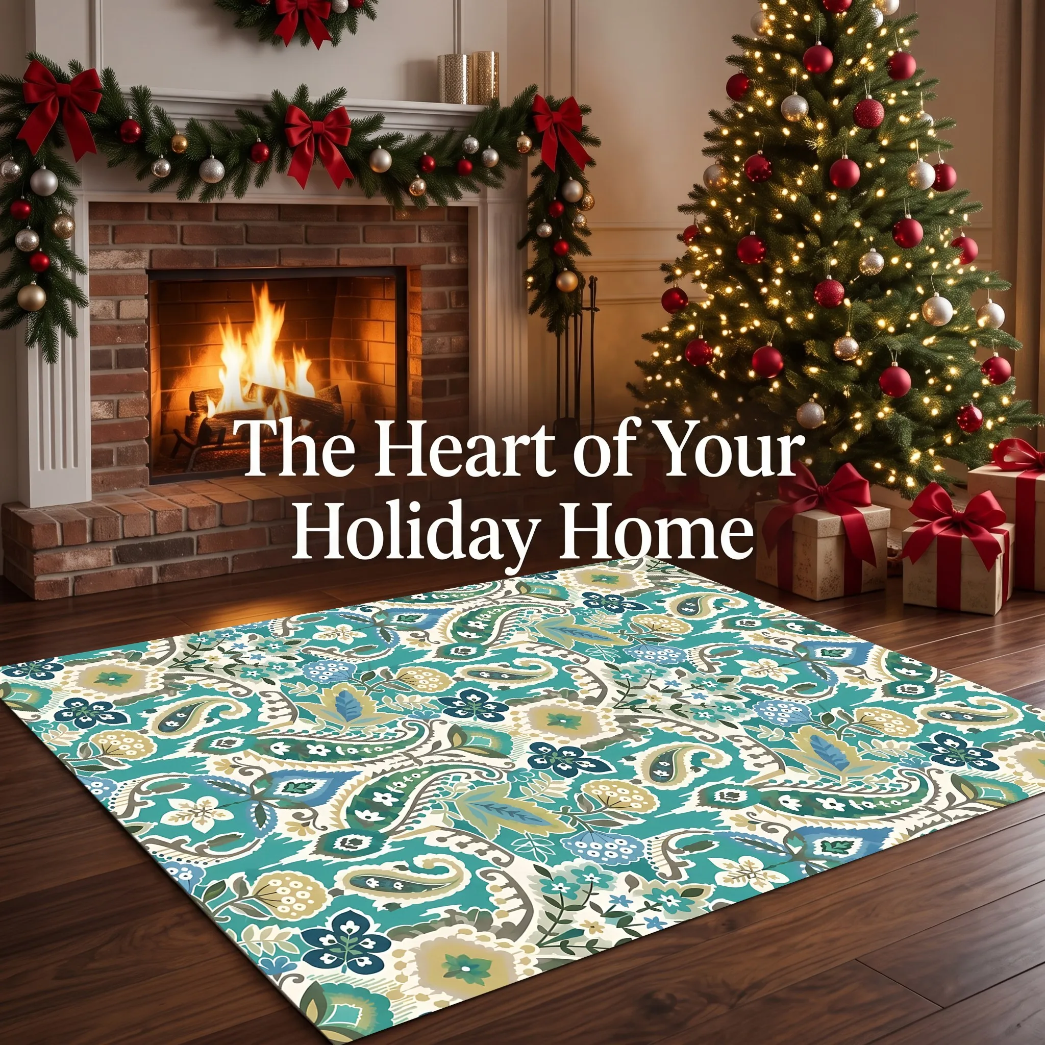Blue and Green Retro Paisley Cashew Pattern Ethnic Exotic Style Christmas and New Year's Rug Suitable for Living Room, Bedroom, Bedside, Autumn and Winter, Warm and Soft Atmosphere
