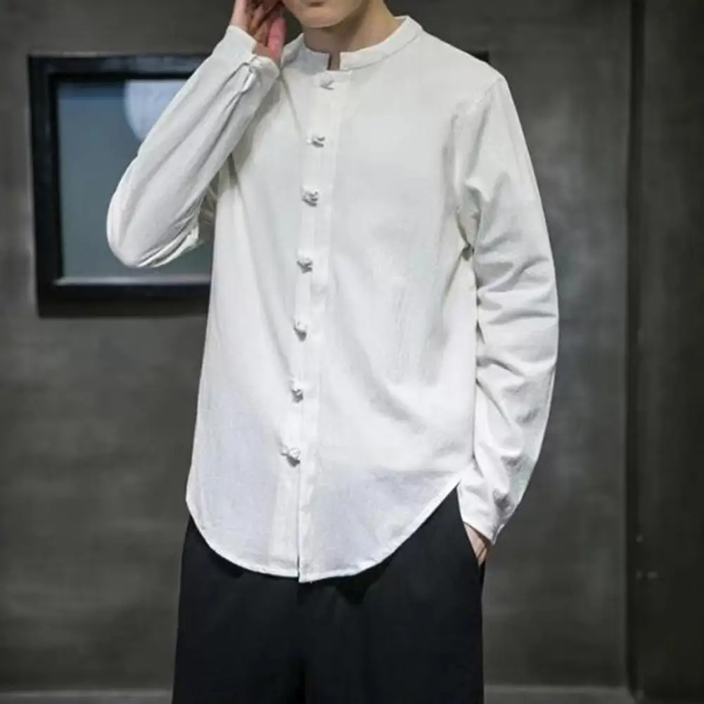 Retro Buttoned Shirt Chinese Style Stand Collar Men's Spring Shirt with Knot Button Single-breasted Solid Color Long for A