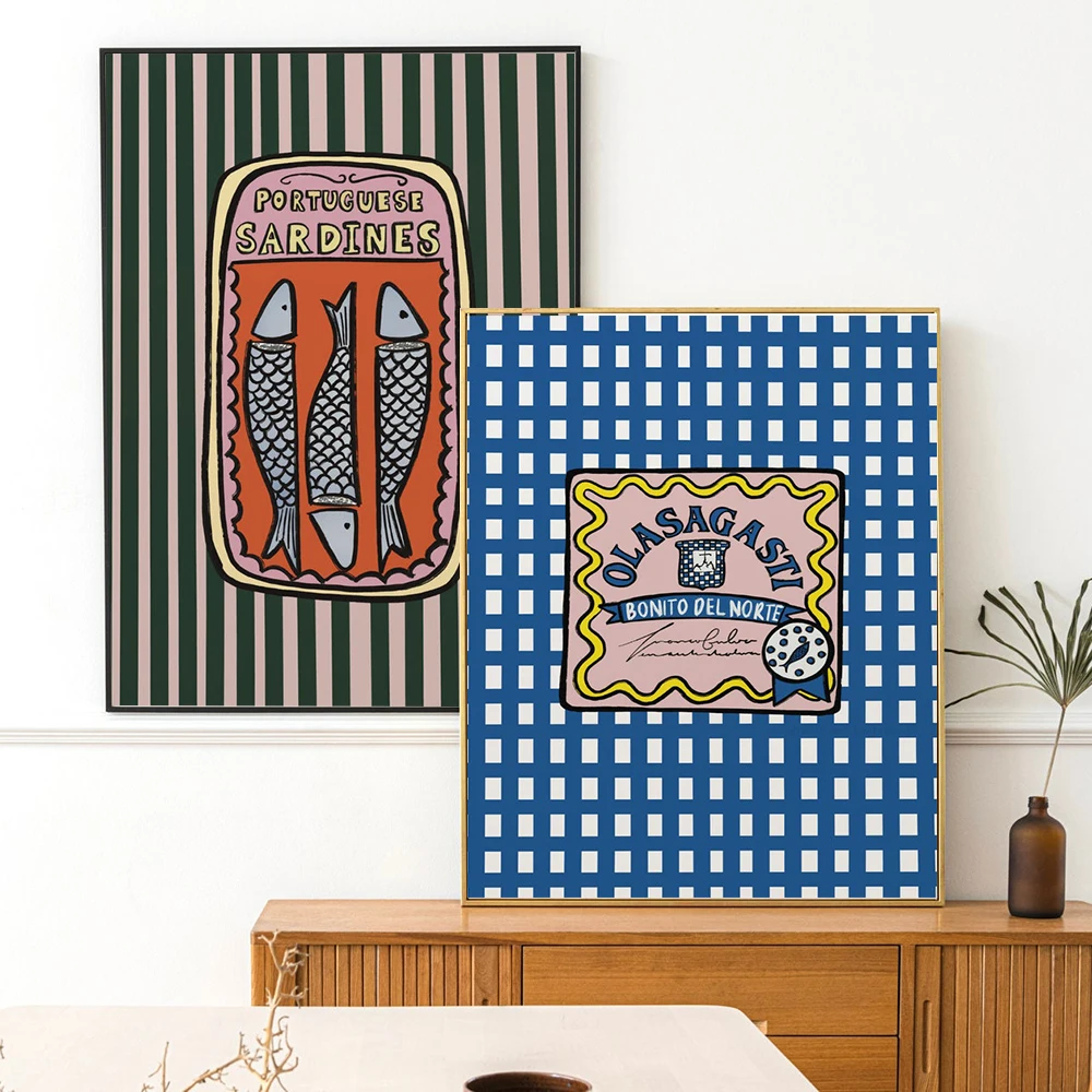 البرتغالية السردين القماش القطني Anchovies المشارك قماش اللوحة خمر جدار الفن للمطبخ غرفة المعيشة ديكور المنزل