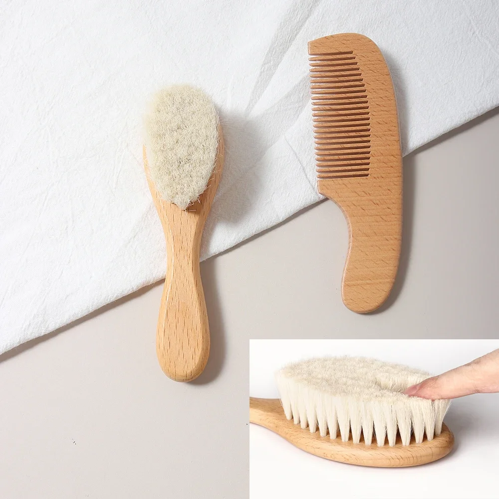 

2pcs Baby Care Hair wool Brush Beech Wood Comb Newborn Massage Comb Baby Shower Gift set natural baby brush