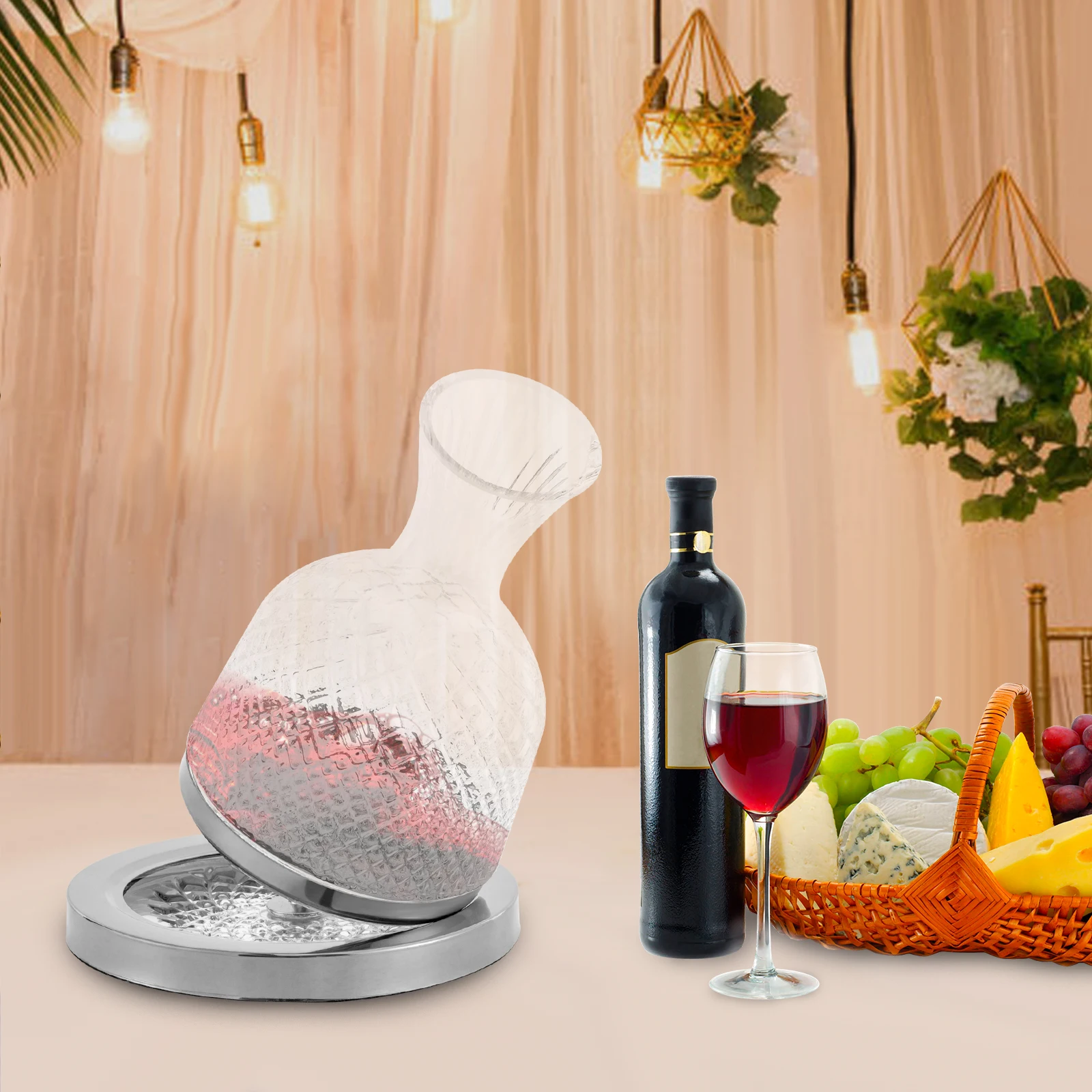 

360 Rotation 1500ml/50oz Red Wine Decanter Set ,Thickened Crystal-Glass-Bottle Body+Crystal Glass Stainless Steel Base