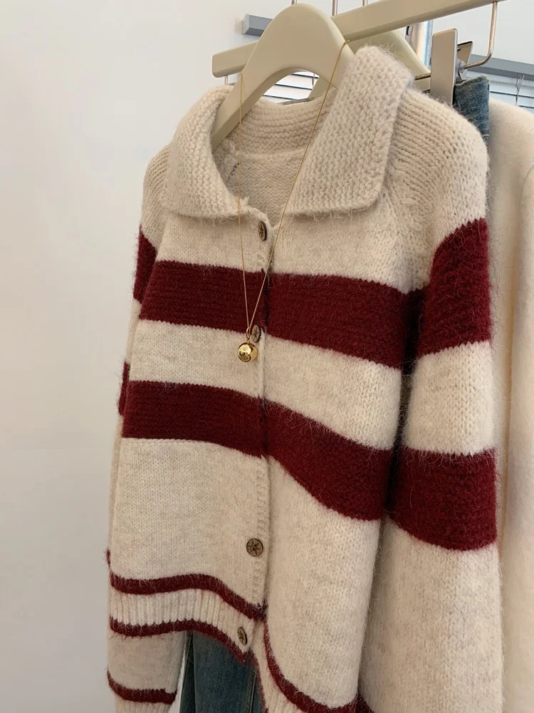 Koreaanse retro gestreept gebreid vest dames herfst winter verdikte kraag bovenkleding trui veelzijdig faionable