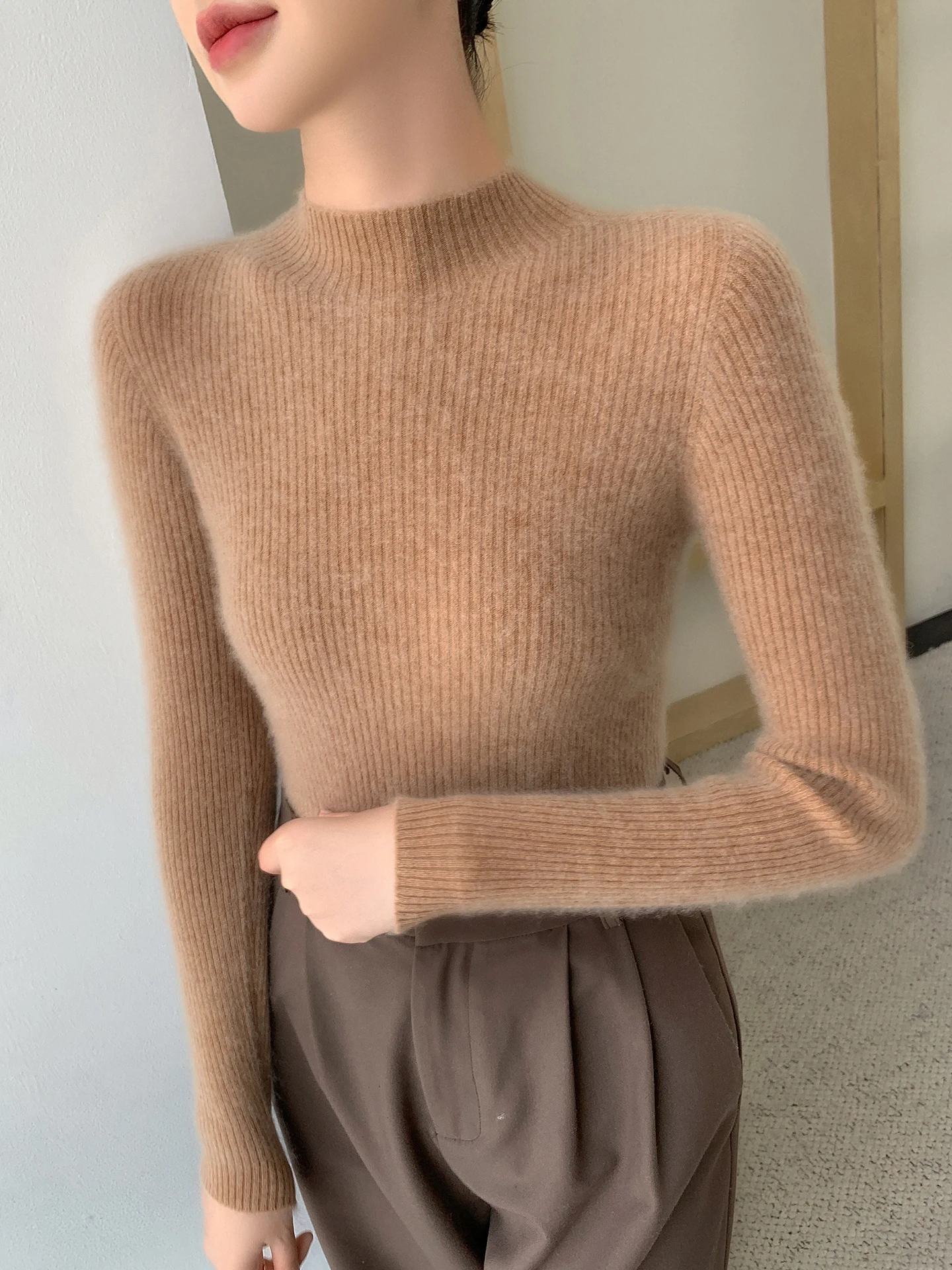 Elegante vrouw merinowollen trui Basic vrouwelijke herfst winter gebreide kleding slanke zachte trui lange mouw kleding tops dames trui
