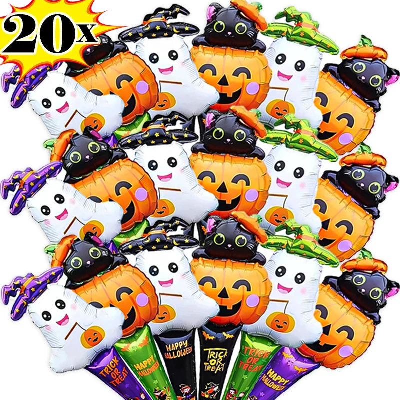 

20Pcs Halloween Aluminum Balloon Inflatable Toys Stick Witch Pumpkin Ghost Holding Balloon Party Decoration Children's Toys Gift