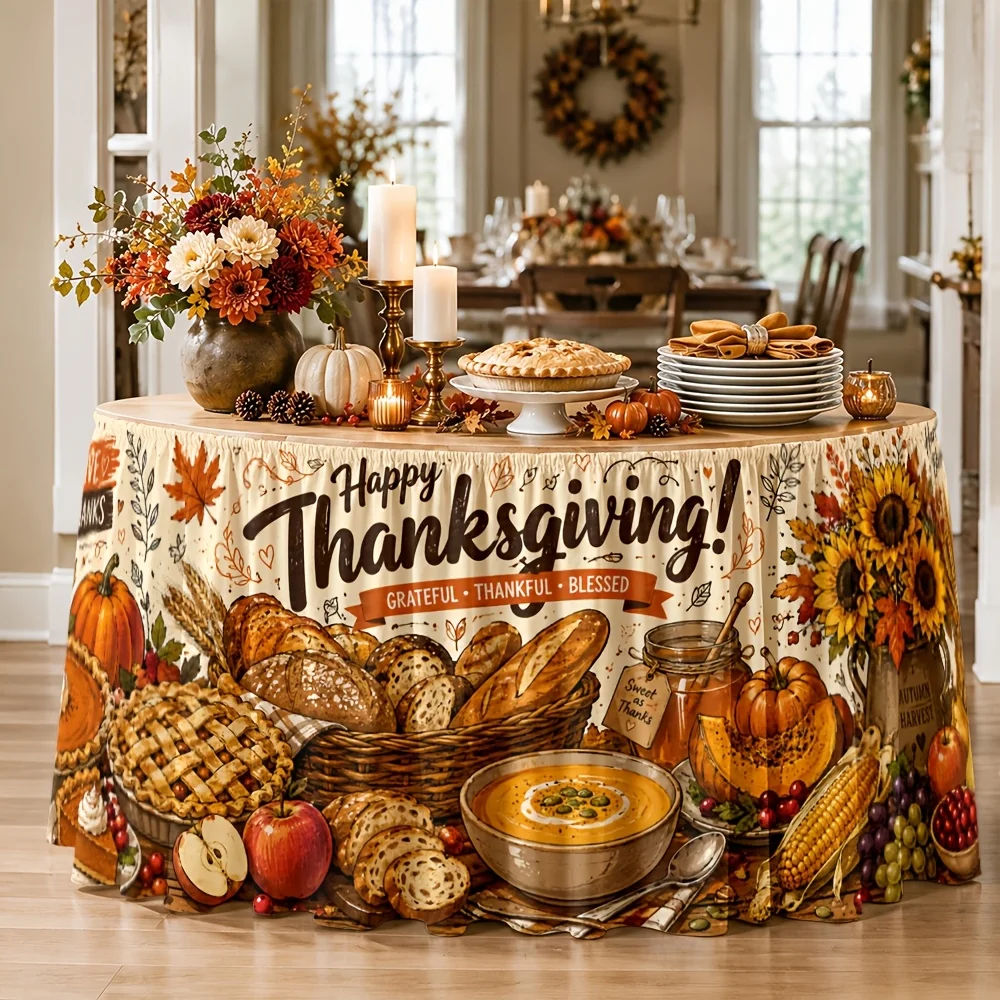One tablecloth. Tablecloth made of polyester. Thanksgiving dinner table decoration. Autumn harvest.