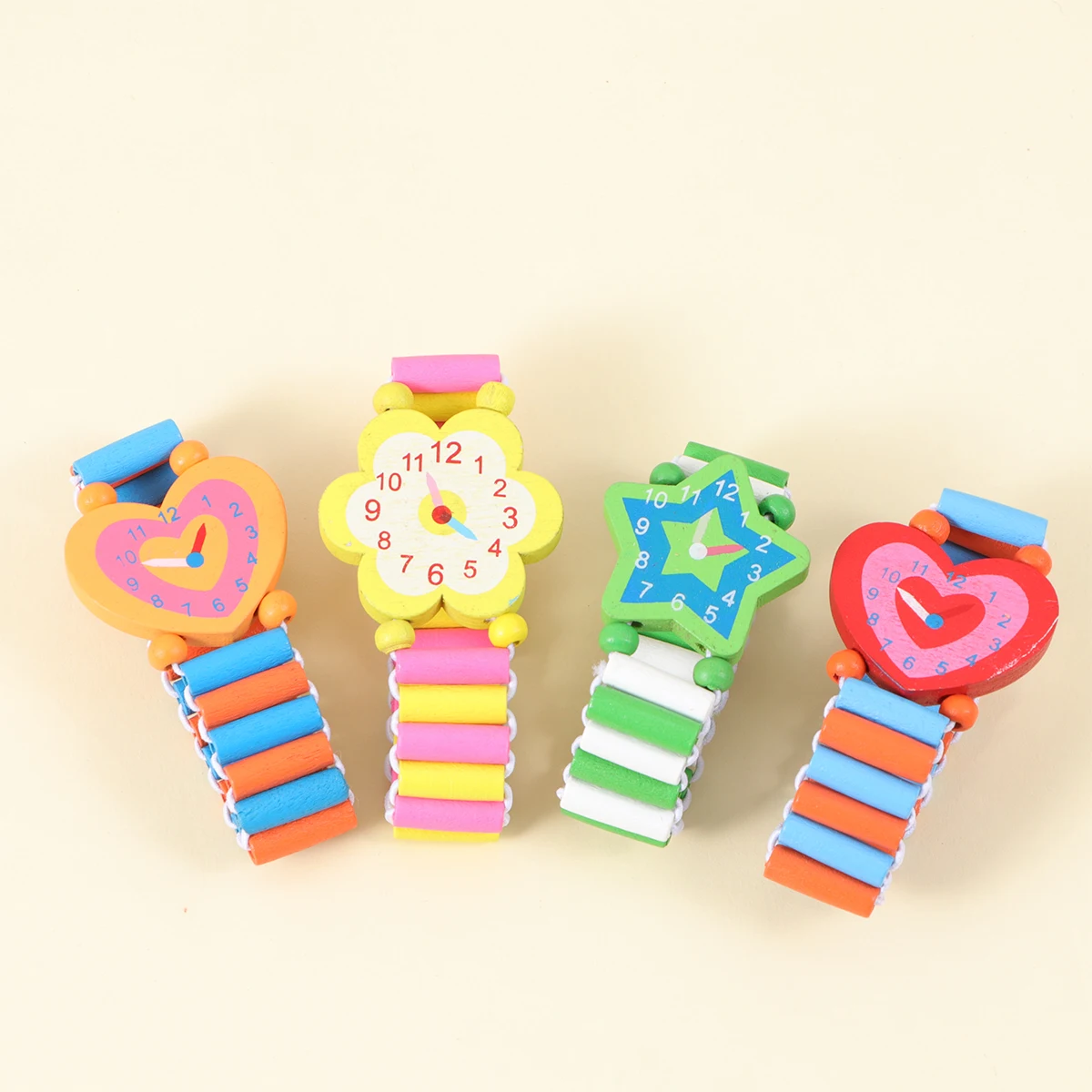 Relógio de pulso infantil de madeira, 5 peças, estilo criativo de desenho animado, superfície lisa, não irritante, seguro para festa de aniversário sensível