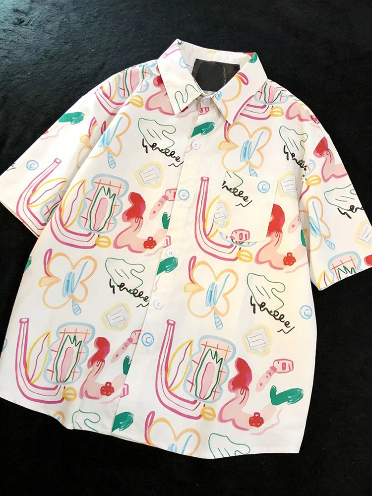 Fashion Hand Painted Cute Shirt Women Loose Summer Short Sleeve Kawaii Blouse Casual Chic Female Preppy Style Sweet Ins Tops New