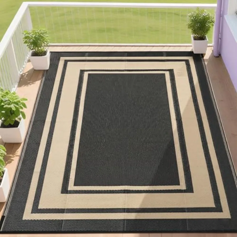

Outdoor Rug 9x12 Waterproof for Patio, Plastic Straw Mat for Camping Porch RV, Reversible, Black and Beige