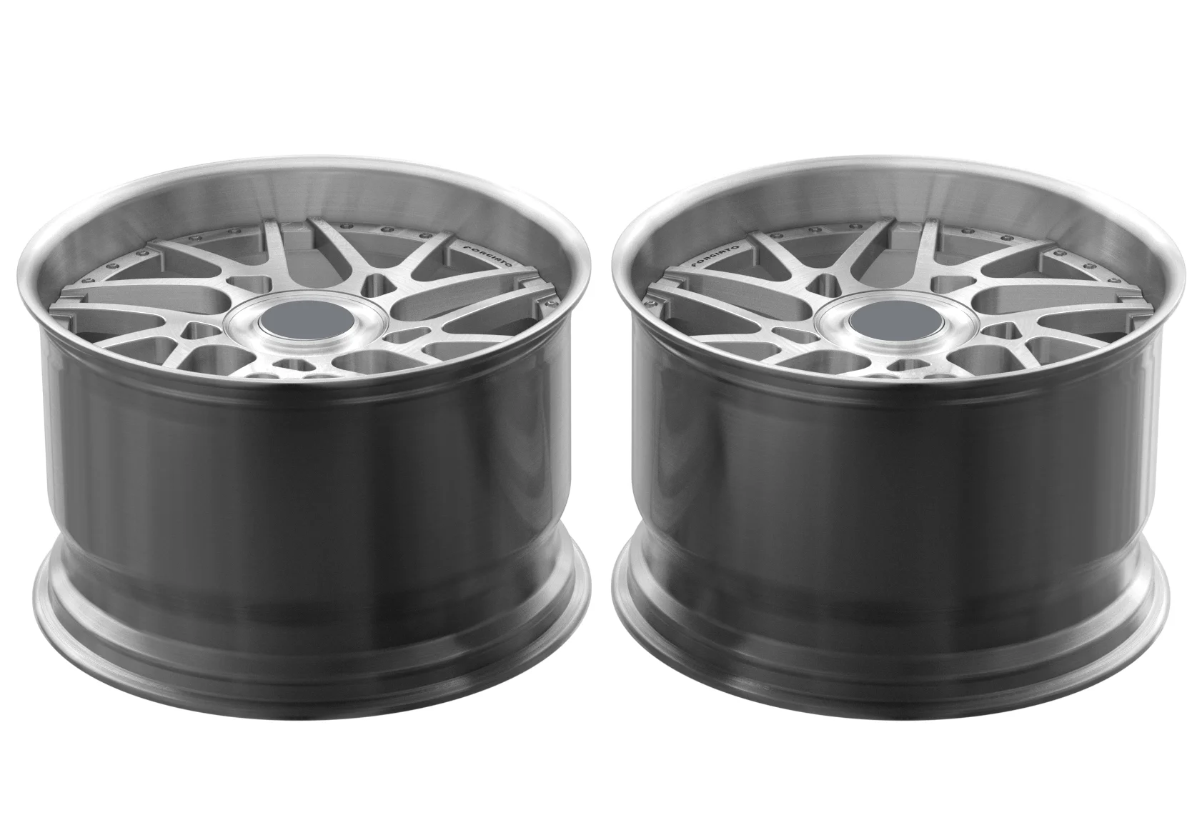 Customers come to customize two-piece forged wheels with polished outer ring, brushed middle plate, and 18-24 inch