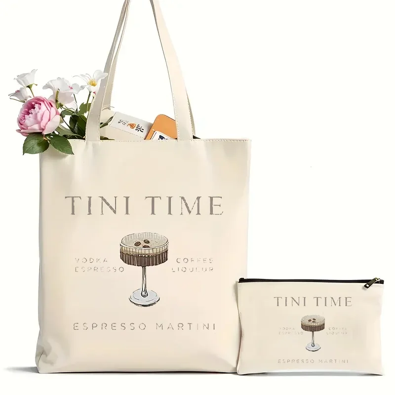 2Pcs Tini Time Espresso Coffee Liqueur Espresso Martini Pattern Tote Bag, Canvas Shoulder Bag For Travel Daily Commuting