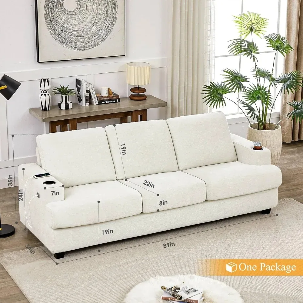 Modern 3 Seater Sofa with USB Charging Ports & 2 Cup Holders, Chenille Upholstered Sofa for Apartment, Living Room, Office