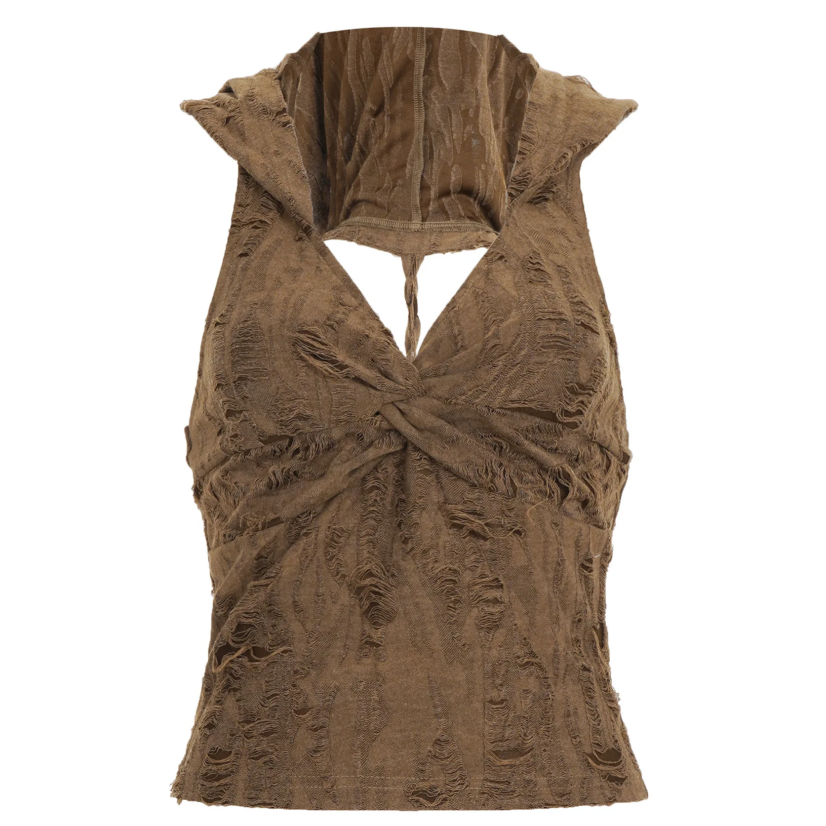 Grunge Brown Distressed Hooded Halter Top Women Sleeveless V-Neck Twisted Tank Top Streetwear