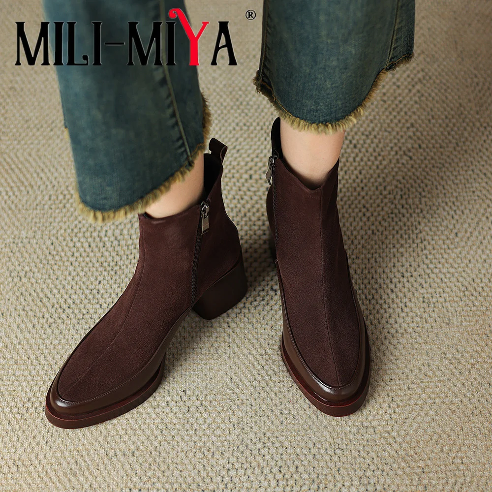 MILI-MIYA 2027 New Autumn Winter Women Ankle Boots Round Toe Chunky Heel Cow Suede Zipper Elegant Modern Retro Shoes Big Size 43