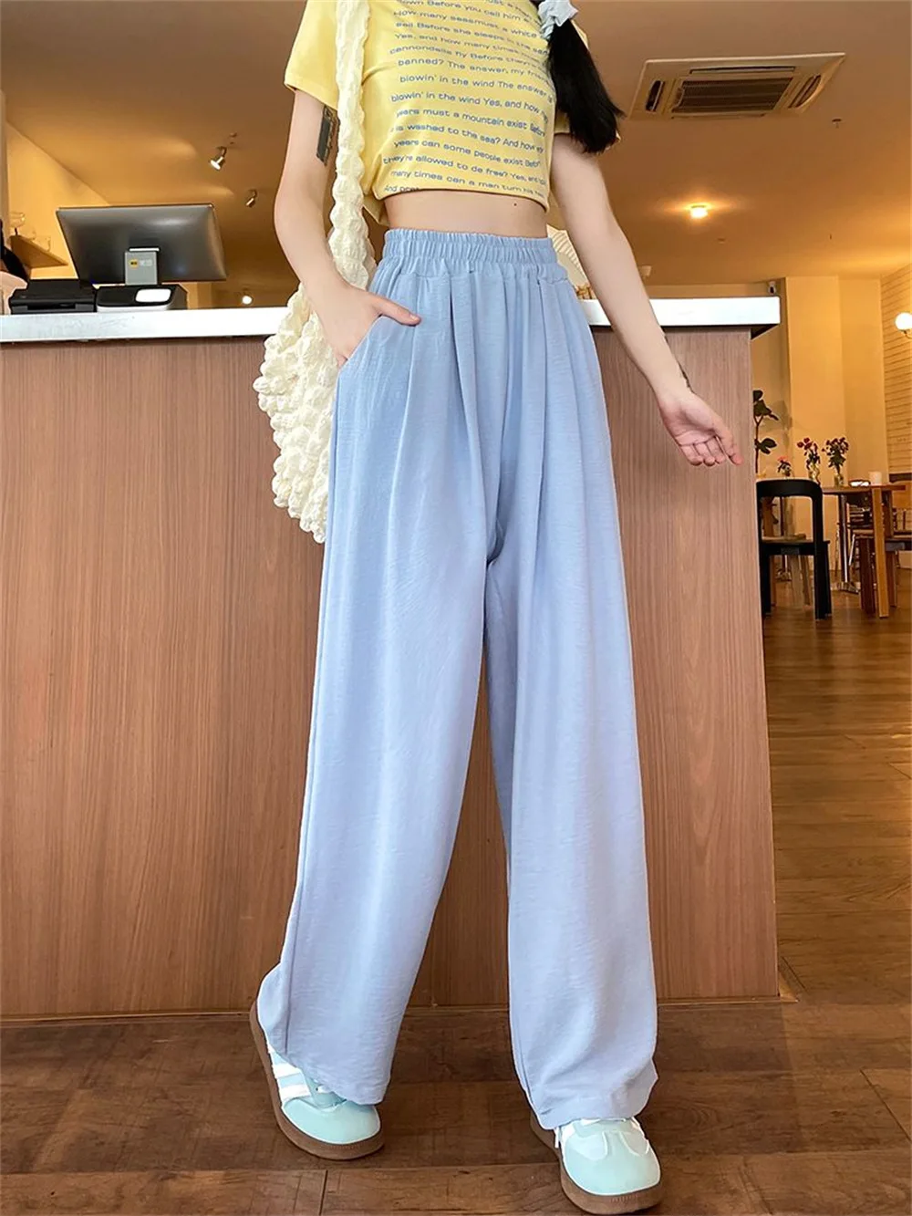 Summer Women Sweet Colorful Ice Silk Pants Lady Baggy Versatile Elastic Straight Leg Trousers Female Wide Leg High Waisted Pants