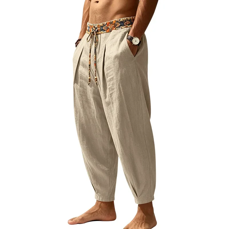 Herren 95% Leinen Haremshose Boho Blumenmuster Kordelzug Taille Lässige Weite Hose Strand Urlaub Knöchellange Hose – Detail 2