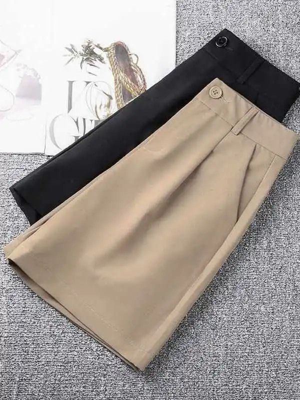 

Женские летние брюки-костюмные шорты с высокой талией, стройнящие фигуру, из полиэстера, с завышенной талией, из ПВХ-материала