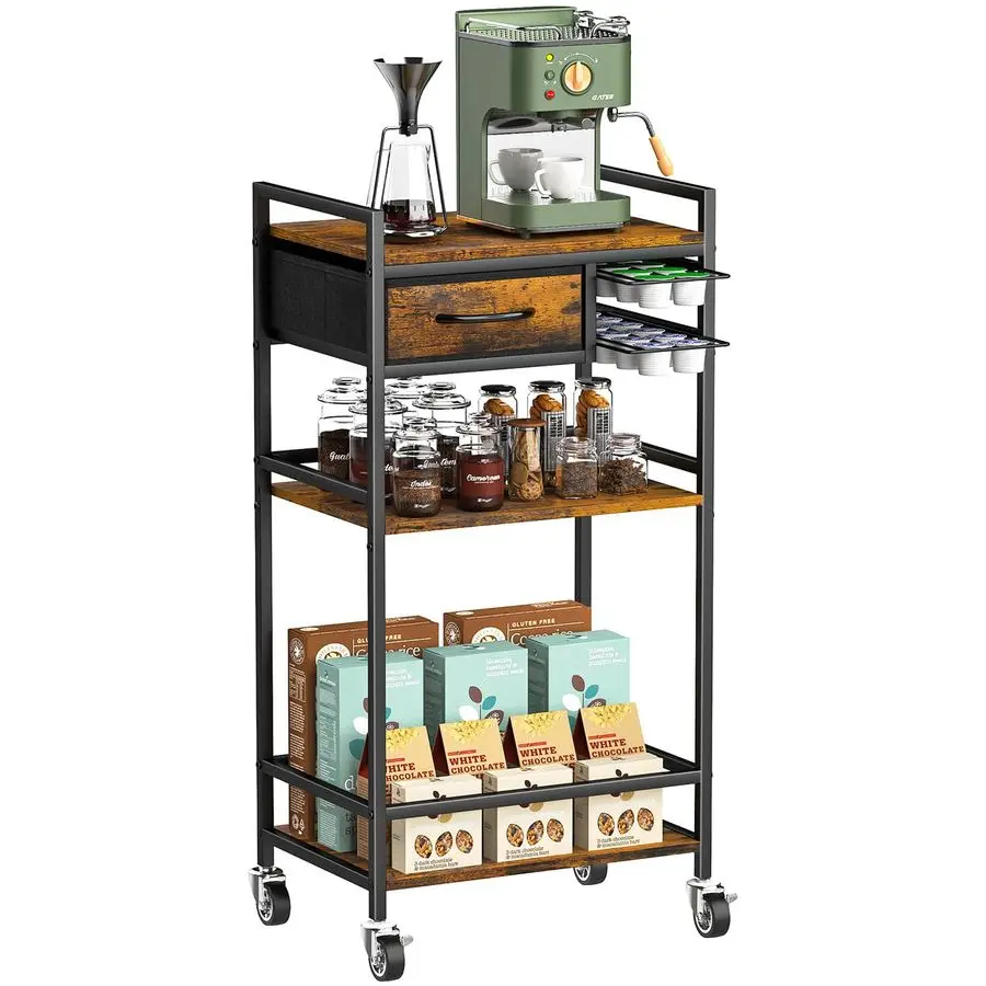 4Tier Coffee Bar Cart with Storage, 33 H Coffee Station Cabinet with Pod Drawers for Nespresso Vertuo, Mini Toaster Oven Stand T