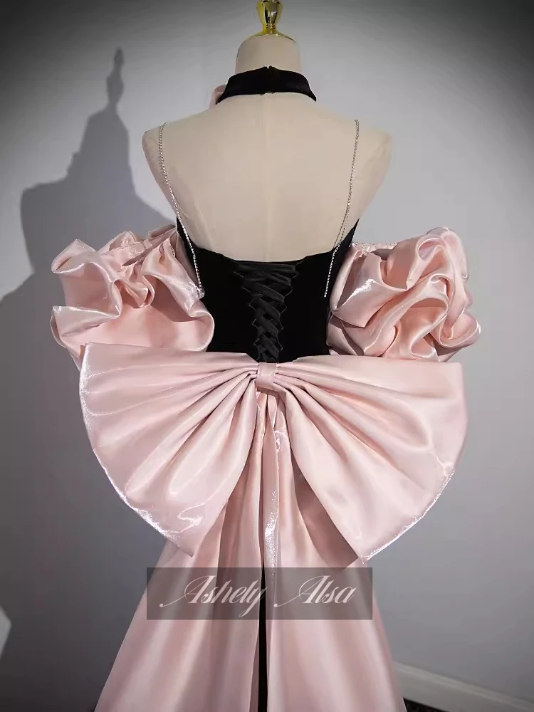 Customized Luxury Black Pink Evening Dress V Neck Bow Train Floor Length Women Wedding Party Gown Prom Occasion Dresses Pageant