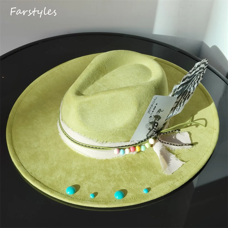 INS Wide Brim fedora hats Felt Suede hat turquoise Men women Feather accessory Fedoras DIY flat brim hat Jazz hat Top hats 2024